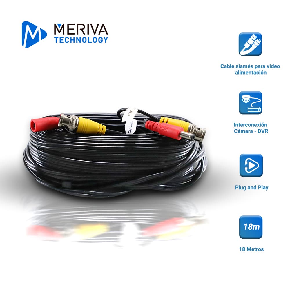 CABLE DE VIDEO HD ARMADO MERIVA MVA-HDCB18 18MTS NEGRO CON CONECTORES DE VIDEO BNC Y CORRIENTE OPTIMIZADO PARA AHD/HDTVI/HDCVI - Miniatura 2