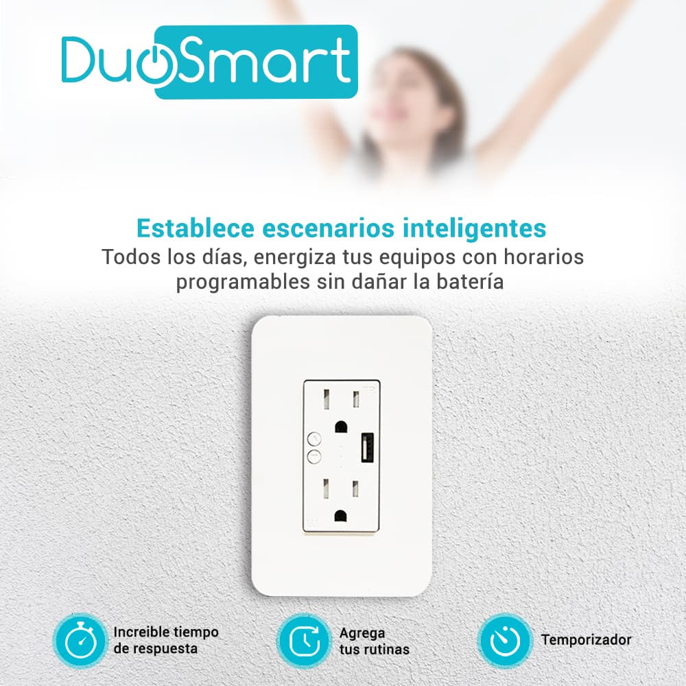 CONTACTO TOMACORRIENTE WIFI 2.4 GHZ DUOSMART A60 2 CONTACTOS Y 1 PUERTO USB PARA PARED MEDIDA ESTANDAR COMPATIBLE CON APP DUOSMART  - Miniatura 3