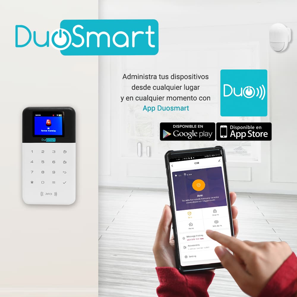 KIT ALARMA INALAMBRICA DUOSMART C30 COMUNICACION DUAL WIFI 2.4 GHZ RF 433.92 INCLUYE 1 PANEL CON TECLADO 1 PIR 1 MAGNETO 2 LLAVEROS MONITOREO EN APP DUOSMART **COMPATIBLE CON SENSORES DUOSMART C Y SIRENA INALAMBRICA** - Miniatura 4