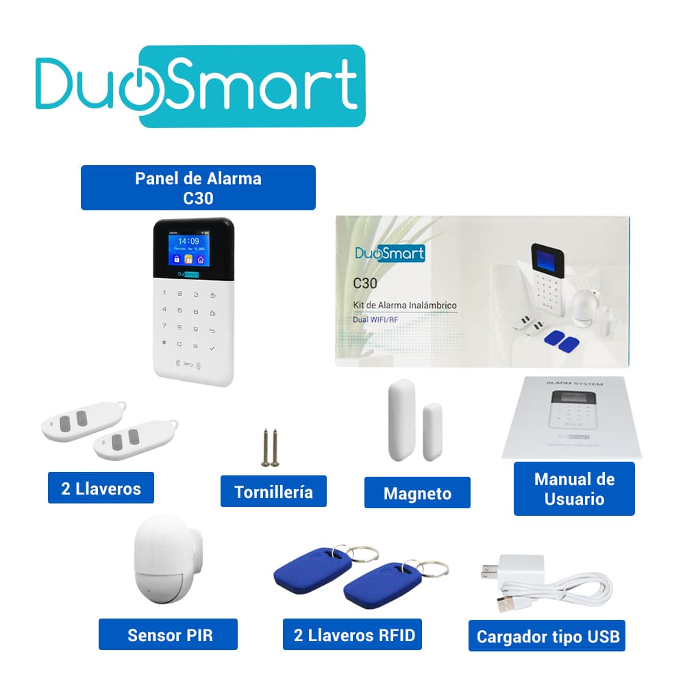 KIT ALARMA INALAMBRICA DUOSMART C30 COMUNICACION DUAL WIFI 2.4 GHZ RF 433.92 INCLUYE 1 PANEL CON TECLADO 1 PIR 1 MAGNETO 2 LLAVEROS MONITOREO EN APP DUOSMART **COMPATIBLE CON SENSORES DUOSMART C Y SIRENA INALAMBRICA** - Miniatura 6