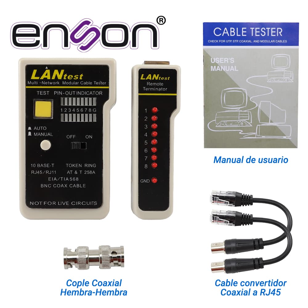 TESTER PARA CABLE DE RED ENSON ENS-TELN2 IDEAL PARA IDENTIFICAR ERRORES DE TERMINADO Y CONTINUIDAD EN CABLES DE RED Y TELEFONICO RJ45 Y RJ11, Y TAMBIEN DE CABLE BNC RG59 Y RG6 - Miniatura 6
