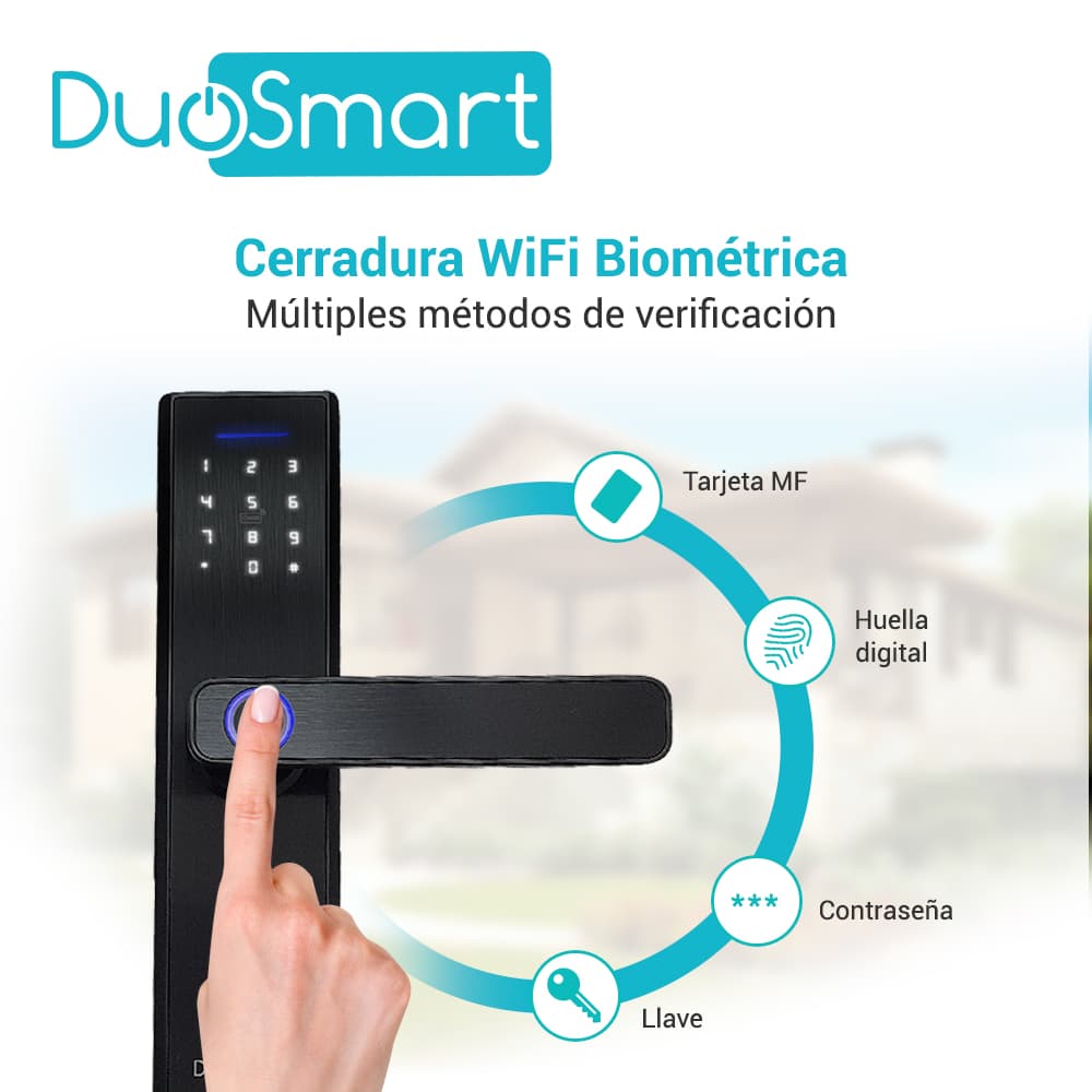 CERRADURA BIOMETRICA WIFI 2.4 GHZ DUOSMART F20 ACEPTA TARJETAS MF HUELLA DIGITAL CONTRASEÑA Y LLAVE  CON PUERTO DE ALIMENTACION EMERGENTE MICROUSB COMPATIBLE CON APLICACION DUOSMART - Miniatura 4