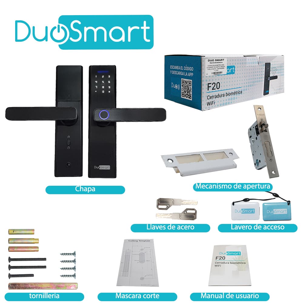 CERRADURA BIOMETRICA WIFI 2.4 GHZ DUOSMART F20 ACEPTA TARJETAS MF HUELLA DIGITAL CONTRASEÑA Y LLAVE  CON PUERTO DE ALIMENTACION EMERGENTE MICROUSB COMPATIBLE CON APLICACION DUOSMART - Miniatura 7