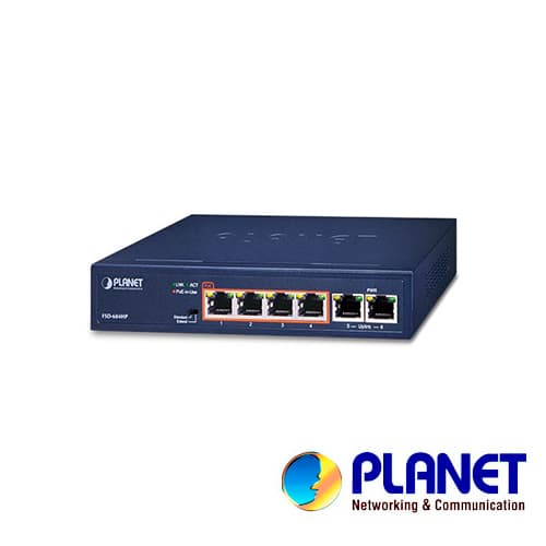 SWITCH NO ADMINISTRABLE PLANET FSD-604HP / 6 PUERTOS RJ45 FAST ETHERNET 10/100 MBPS / 4 PUERTOS CON POE 802.3AF/AT (PUERTOS 1 – 4) / 30W POR PUERTO / DIP SWITCH (DISTANCIA DE 100 Y 250 METROS) / 63 WATTS DE CONSUMO / RECINTO DE METAL. - Miniatura 2