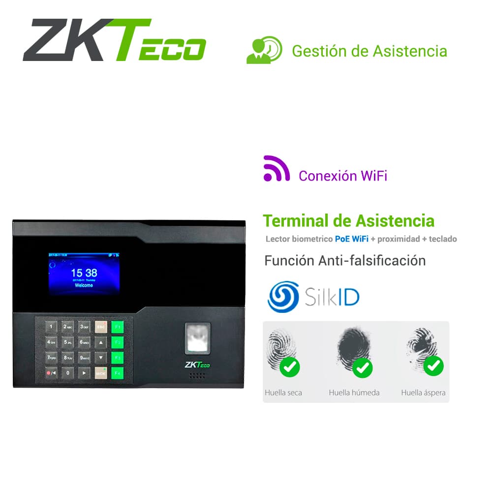 CONTROL DE ASISTENCIA CHECADOR ZKTECO IN05/ID ADMS BIOMETRICO SILKID 3000HUELLAS/10,000TARJETAS125KHZ/100,000REGISTROS TCPIP/POE /WIFI/RS232/BATERIA INTERNA **REQUIERE LICENCIA PARA BIOTIME PRO**  - Miniatura 3
