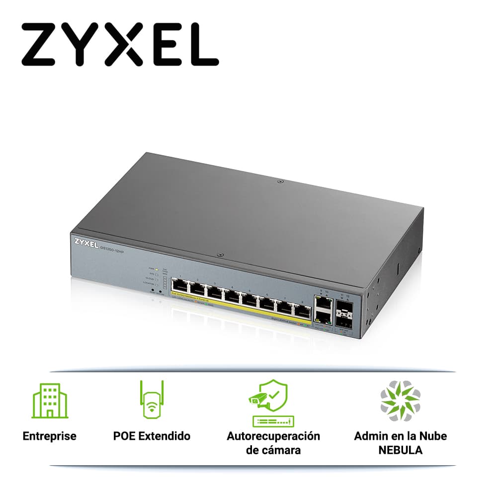 SWITCH POE GIGABIT 8PTOS+2UPLINK ENTERPRISE NEBULA ZYXEL GS1350-12HP 10 PUERTOS RJ45 10/100/1000MBPS POE+ AF/AT + 2 PUERTOS SFP 1000MBPS ADMINISTRABLE L2 TOTAL 130W   - Miniatura 2