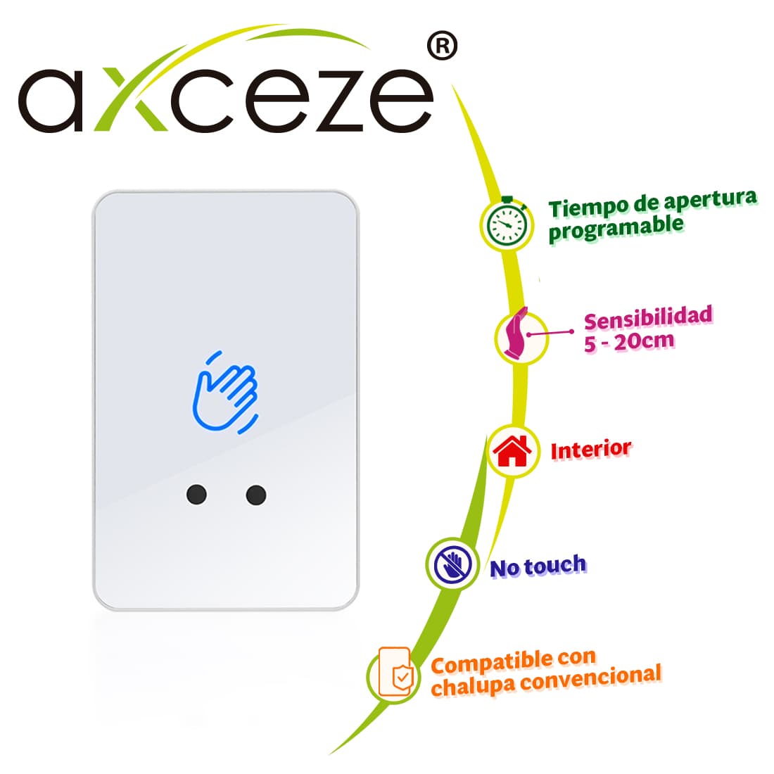 BOTON DE PETICION DE SALIDA SIN CONTACTO AX-B160 FORMATO VERTICAL CUBIERTA PLASTICA BLANCA CUENTA CON LED INDICADOR DE ESTADO PERMITE AJUSTAR LA DISTANCIA DE DETECCION Y TIEMPO DE RESPUESTA PARA GENERAR LA APERTURA - Miniatura 2