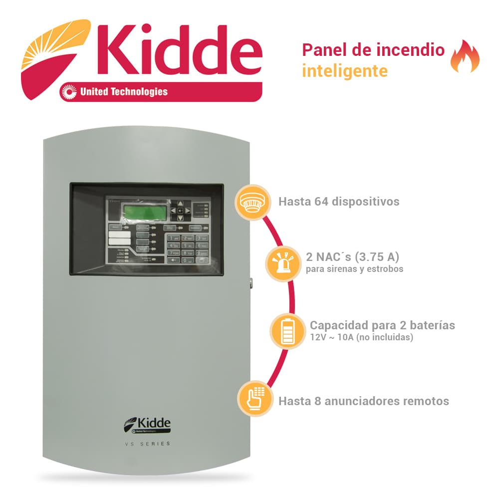 PANEL DE INCENDIO INTELIGENTE KIDDE VS1-G-SP / GRIS / VERSION EN ESPAÑOL, CON 1 LAZO DIRECCIONABLE CLASE A O B PARA HASTA 64 DISPOSITIVOS, 2 NAC CLASE B, ALIMENTACION 110/120 VCA, CAPACIDAD PARA 2 BATERIAS DE 12V 10AH - Miniatura 3