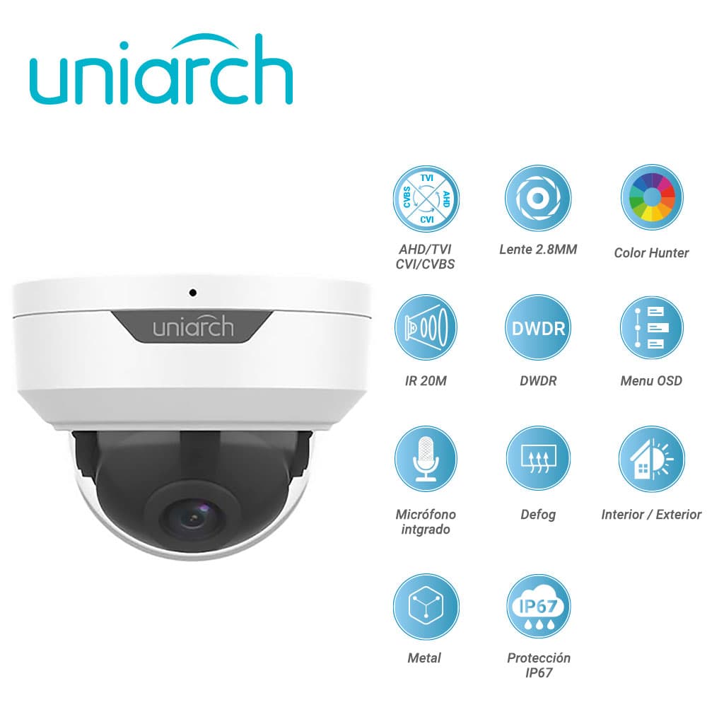 CAMARA ANALOGICA LIGHTHUNTER DOMO  UNIARCH UAC-D122-AF28M / UAC-D122-AF28M-H  / 2MP / AHD/TVI/CVI/CVBS / LENTE FIJO 2.8 MM / 12 VCD / IP67 / IR 20M / DWDR  / MENU OSD / MIC INCLUIDO / DEFOG / 3 AXIS / INTERIOR / EXTERIOR / METALICA - Miniatura 3