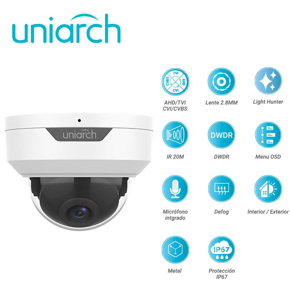 CAMARA ANALOGICA LIGHTHUNTER DOMO  UNIARCH UAC-D122-AF28M / UAC-D122-AF28M-H  / 2MP / AHD/TVI/CVI/CVBS / LENTE FIJO 2.8 MM / 12 VCD / IP67 / IR 20M / DWDR  / MENU OSD / MIC INCLUIDO / DEFOG / 3 AXIS / INTERIOR / EXTERIOR / METALICA - Miniatura 4