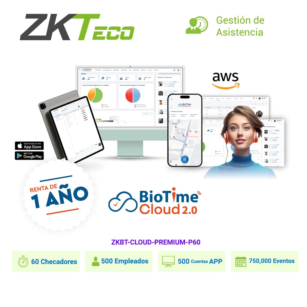 LICENCIA DE ASISTENCIA EN LA NUBE ZKTECO BIOTIME CLOUD PREMIUM CAPACIDAD DE 60 CHECADORES, 500 EMPLEADOS, 500 APP, 750,000 EVENTOS / RENTA DE 1 AÑO
 - Miniatura 2