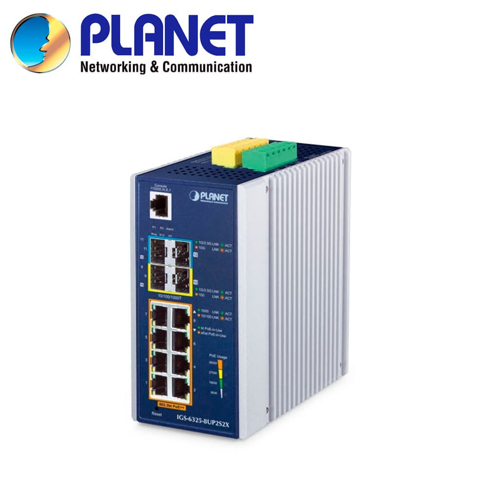 SWITCH INDUSTRIAL POE ADMINISTRABLE L3 PLANET IGS-6325-8UP2S2X / 8 PUERTOS RJ45 POE++ AF/AT/BT 10/100/1,000MBPS / 2 PUERTOS SFP 100/1,000MBPS / 2 PUERTOS SFP+ 1/2.5/10GBPS / 1 PUERTO CONSOLA / 2 ENTRADAS/SALIDAS ALARMA DIGITAL / BUDGET POE 240W / OSP - Miniatura 2