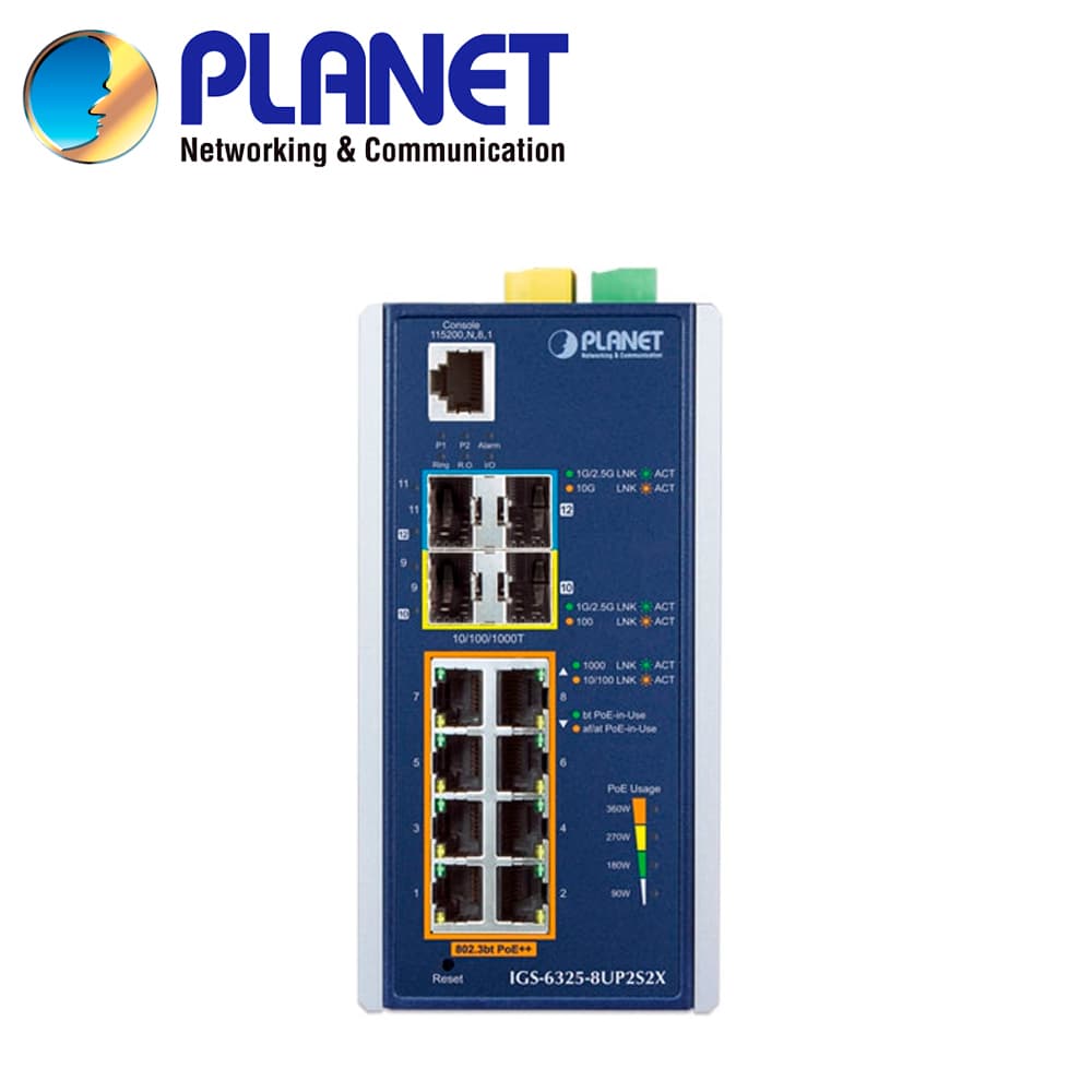 SWITCH INDUSTRIAL POE ADMINISTRABLE L3 PLANET IGS-6325-8UP2S2X / 8 PUERTOS RJ45 POE++ AF/AT/BT 10/100/1,000MBPS / 2 PUERTOS SFP 100/1,000MBPS / 2 PUERTOS SFP+ 1/2.5/10GBPS / 1 PUERTO CONSOLA / 2 ENTRADAS/SALIDAS ALARMA DIGITAL / BUDGET POE 240W / OSP - Miniatura 3