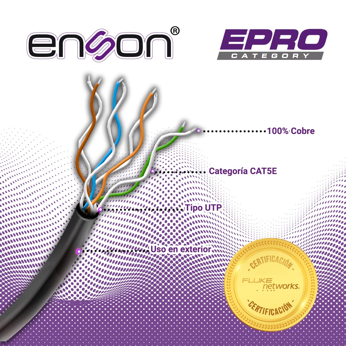 CABLE UTP CAT5E ENSON EPRO-CAT5E-OU FORRO PE 4 PARES CALIBRE 24 AWG 100% COBRE USO EXTERIOR BOBINA 1000 PIES 305 METROS
 - Miniatura 7
