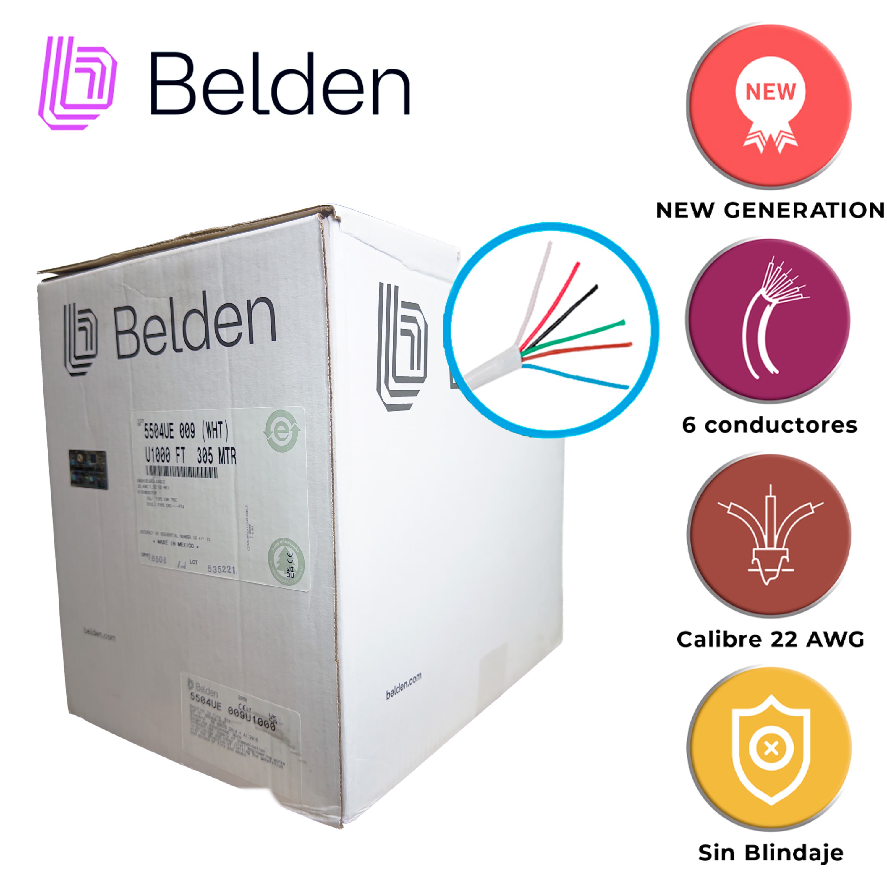 CABLE DE SEGURIDAD Y SONIDO BELDEN 5504UE 009U1000 / INTERIOR / BLANCO / 6 CONDUCTORES / 22 AWG / MULTIFILAR / FORRO PVC / CMR / EN CAJA / 1,000 PIES 305 METROS - Miniatura 6