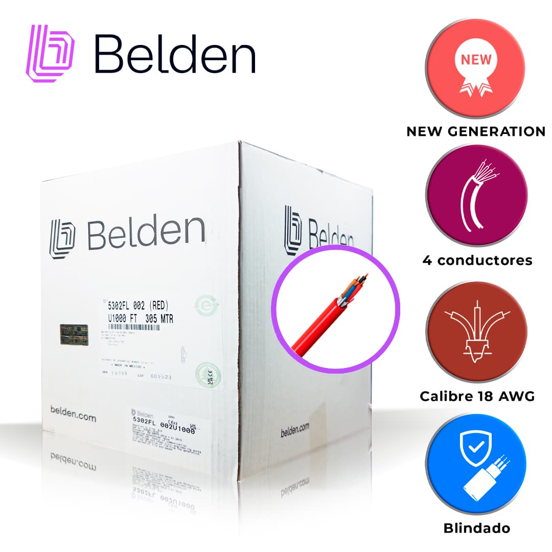 CABLE DE ALARMA CONTRA INCENDIOS BELDEN 5302FL 002U1000 / INTERIOR / ROJO / 4 CONDUCTORES / 18 AWG / SOLIDO /FORRO PVC / CMR - FPLR / BLINDADO / EN CAJA / 1,000 PIES 305 METROS - Miniatura 4