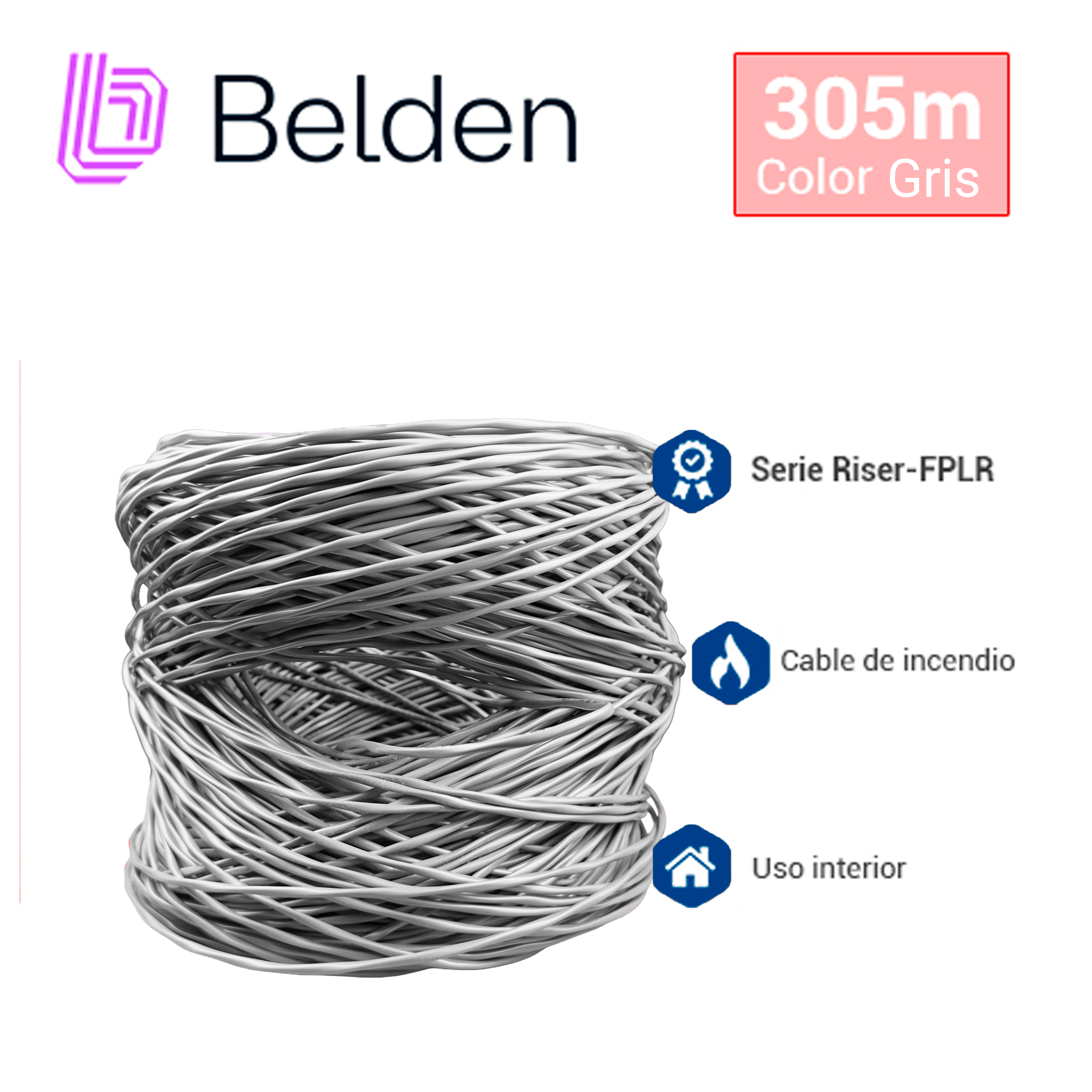 CABLE DE SEGURIDAD Y SONIDO BELDEN 5200UE 008U1000 / INTERIOR / GRIS / 2 CONDUCTORES / 16 AWG / MULTIFILAR / FORRO PVC / CMR / EN CAJA / 1,000 PIES 305 METROS - Miniatura 6