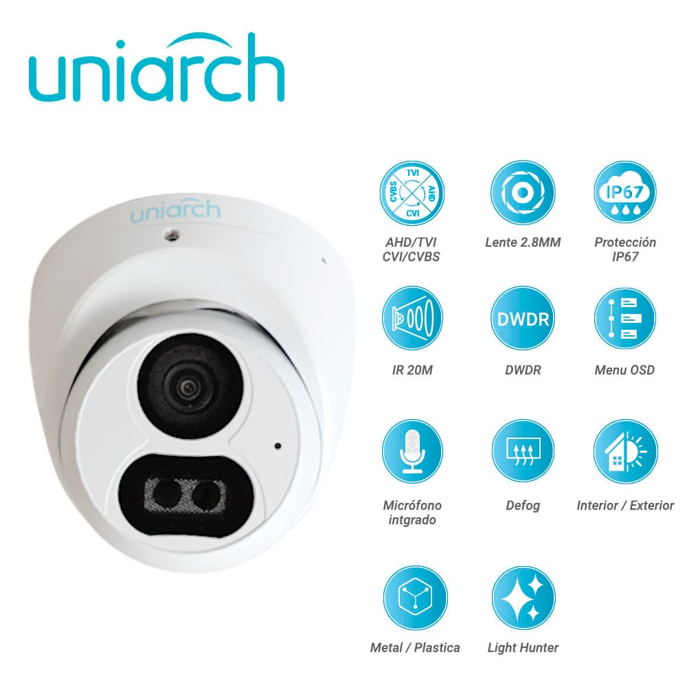CAMARA ANALOGICA LIGHTHUNTER TURRET UNIARCH UAC-T122-AF28LM / UAC-T122-AF28LM-H / 2MP / AHD/TVI/CVI/CVBS / LENTE FIJO 2.8 MM / 12 VCD / IP67 / IR 20M / DWDR / MENU OSD / MICROFONO INTEGRADO / DEFOG / 3 AXIS / INTERIOR / EXTERIOR / METAL PLASTICA - Miniatura 4