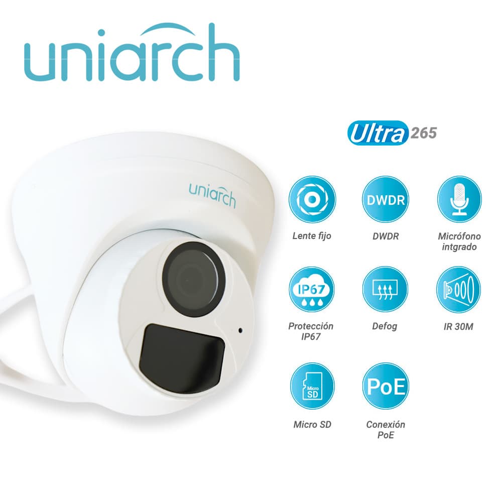 CAMARA IP TURRET UNIARCH IPC-T122-APF28K / 2MP / LENTE-2.8MM / DWDR / IR30M / MICROSD128GB / MICROFONO-INTEGRADO / DIGITAL-DEFOG / MOTION-DETECTION / ONVIF / IP67 / 3-AXIS / ULTRA265 / POE-AF / 12 VCD - Miniatura 5