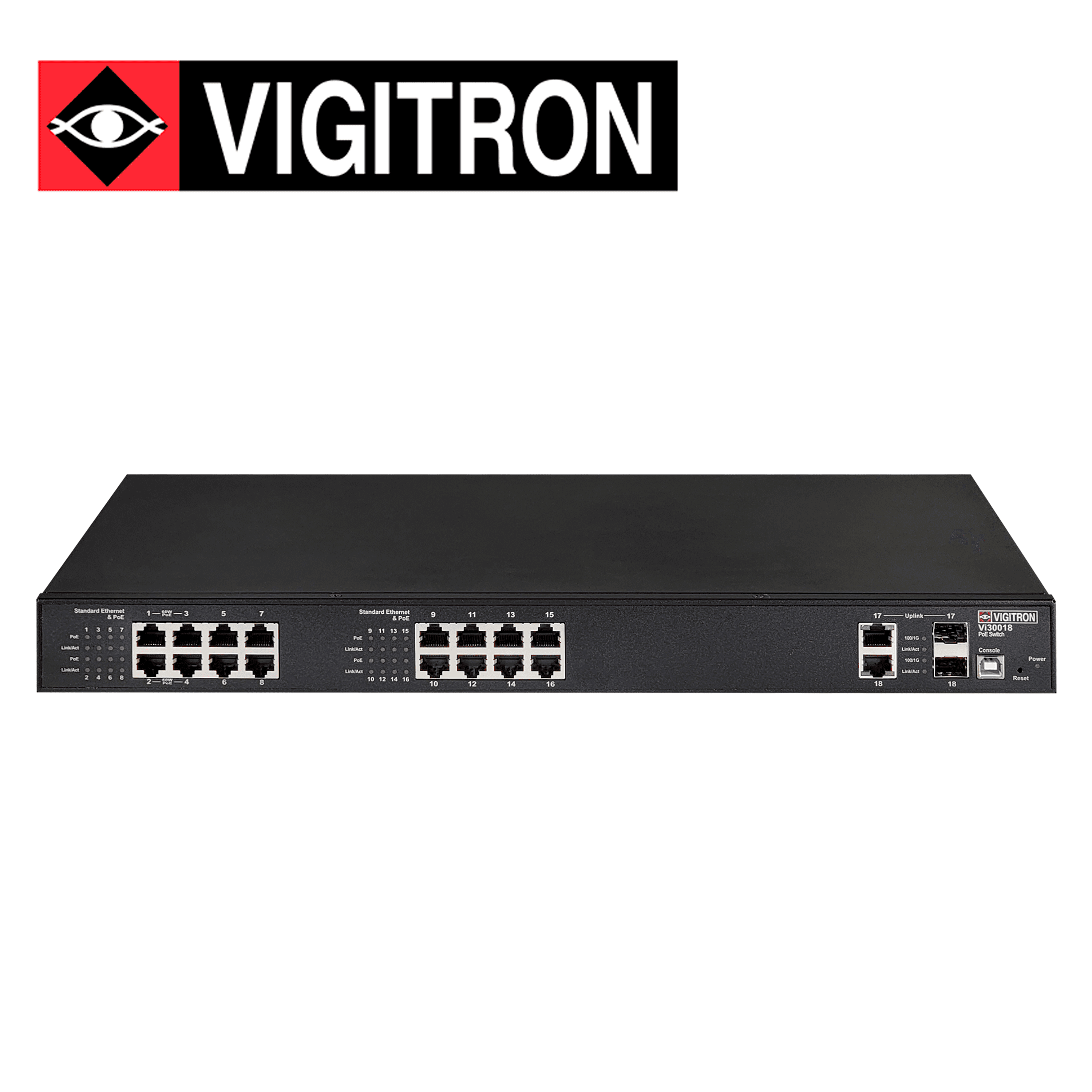 SWITCH POE ADMINISTRABLE L3  VIGITRON VI30018  / ALTA POTENCIA / 16 PUERTOS RJ45 10M/100M HASTA 36W  / 4 PUERTOS UPOE HASTA 72 W / 2 PUERTOS SFP-COBRE COMPARTIDOS COMBO 1000M / 370W - Miniatura 2