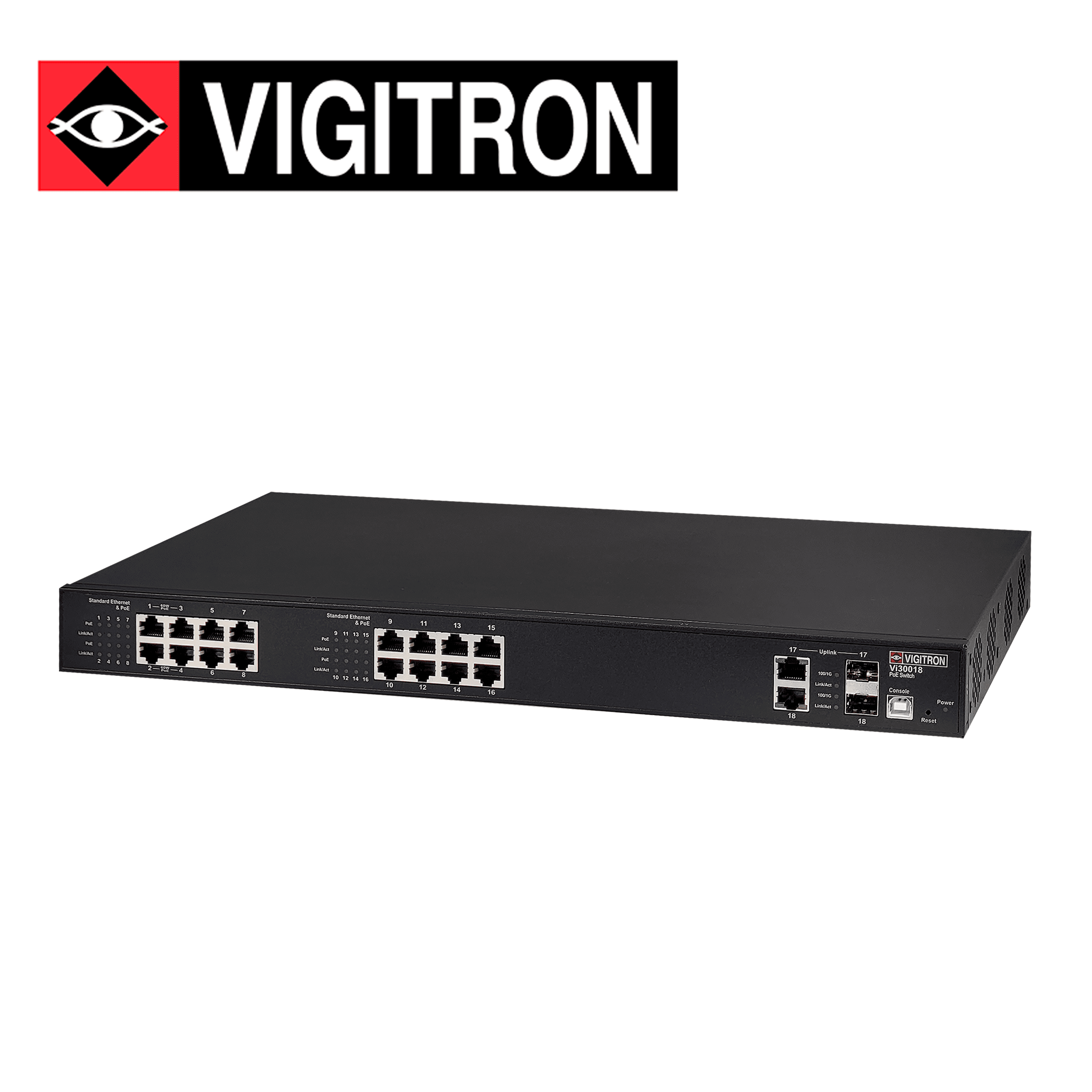 SWITCH POE ADMINISTRABLE L3  VIGITRON VI30018  / ALTA POTENCIA / 16 PUERTOS RJ45 10M/100M HASTA 36W  / 4 PUERTOS UPOE HASTA 72 W / 2 PUERTOS SFP-COBRE COMPARTIDOS COMBO 1000M / 370W - Miniatura 3